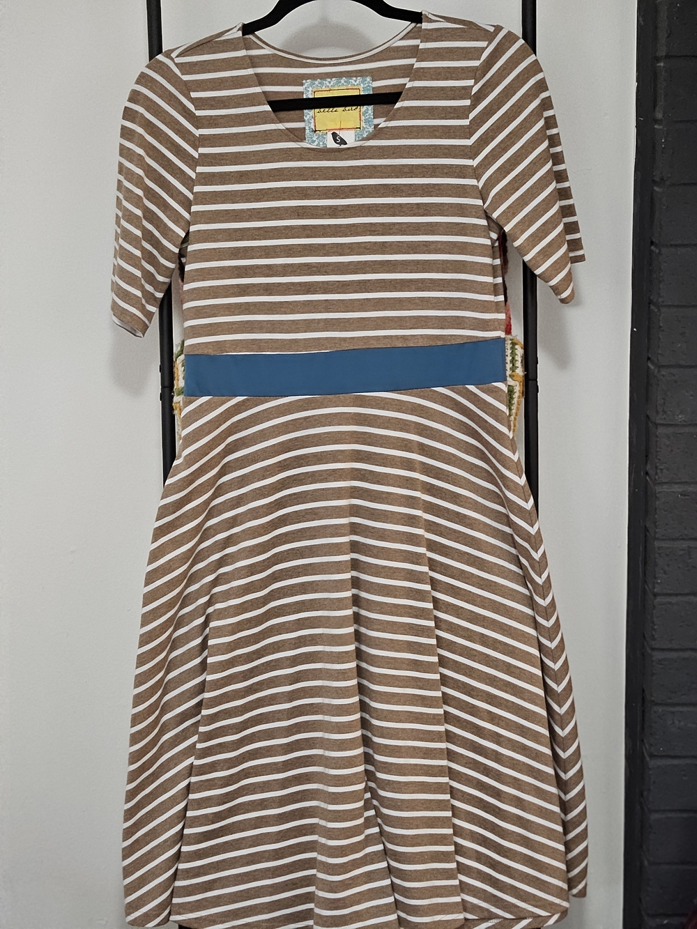 Bella Bird Striped Brown and White Maxi Dress with Blue Waistband